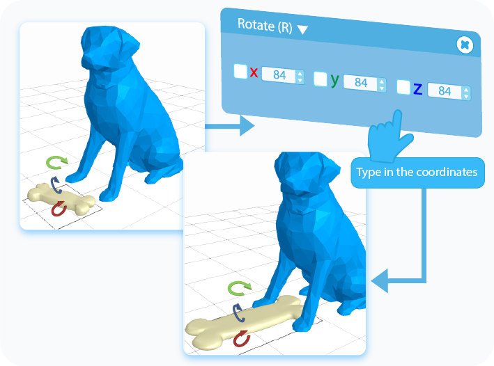 Rotate the object on specific axis by typing the angle of rotation into text-boxes